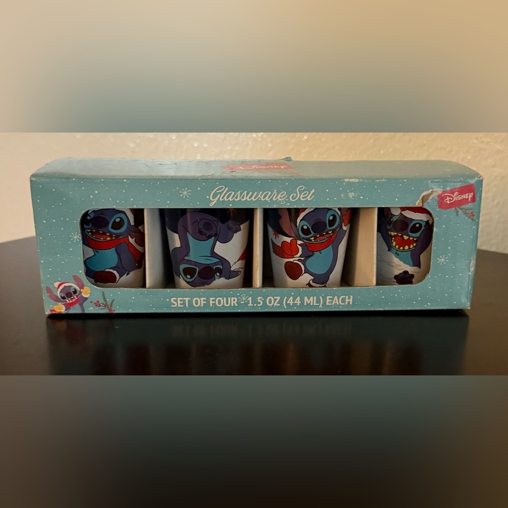 Disney Lilo & Stitch Holiday Shot Glass Set of 4 Silver Buffalo Christmas NIB